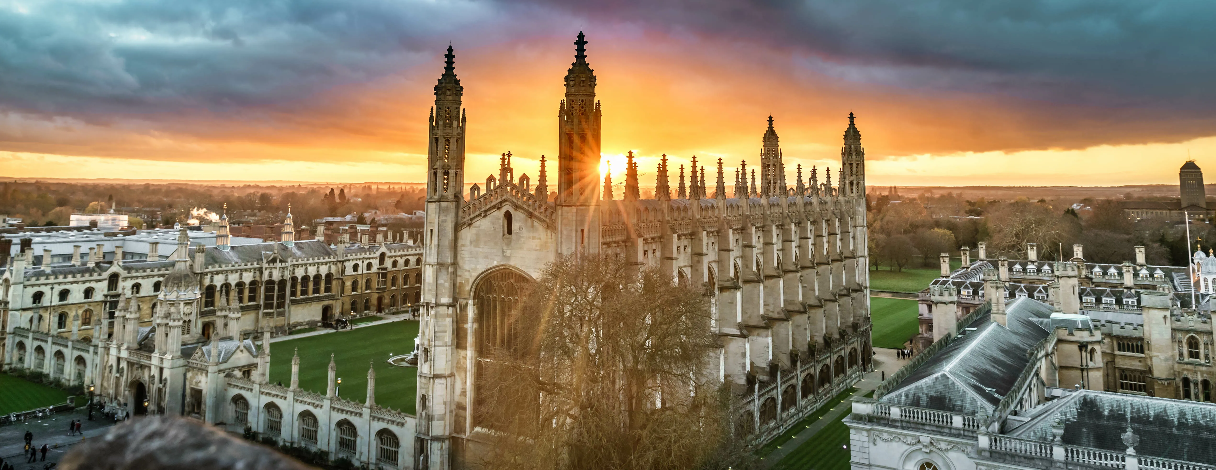 High angle view of the city of Cambridge, UK at beautiful sunset